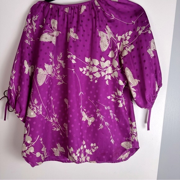 Yumi Kim Pink 100% Silk Butterfly Floral Polka Dot Prints Tie Cuff/Neck Blouse S - Picture 3 of 14